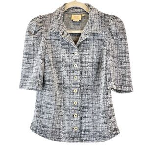 Anthropologie Vanessa Virginia Short Sleeve Button-Up Top Off-White Black Sz XS